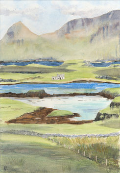 Looking towards Rum, across Canna and Sanday.
Watercolour in light wood frame.
19cm by 28cm
Framed size 30cm by 40cm
£175