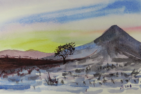 Sunset over a winter Roseberry Topping.
Watercolour in silver frame
18cm by 13cm
SOLD
Prints available