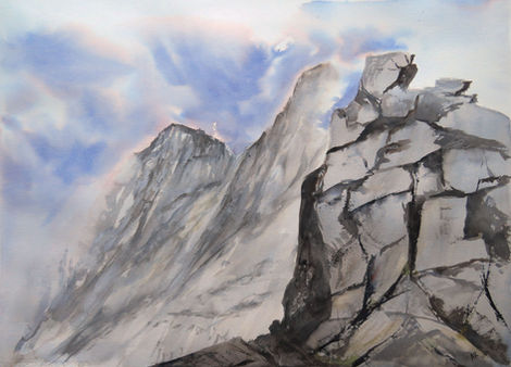 Looking along Skye's Cuillin ridge, on on of those days where the cloud comes in and out, allowing fleeting views along the ridge.
Watercolour framed in a black wood frame.
74cm by 54cm
Framed size 87cm by 68cm
£595