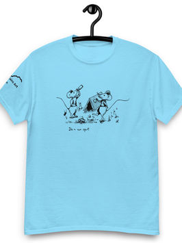 T-shirt featuring mountaineering mouse illustration of 'Its a rum sport.'