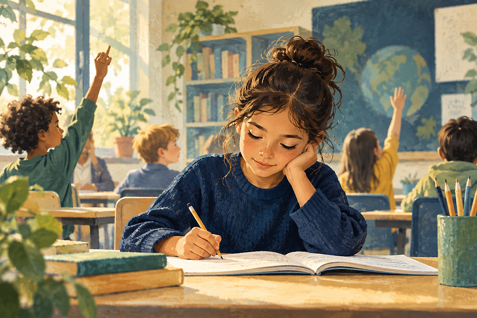 Editorial illustration of a learner concentrating amid an active classroom