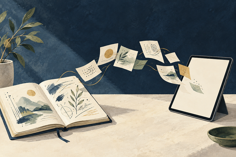 Editorial illustration of a handwritten notebook and a digital device connected by a trail of ideas