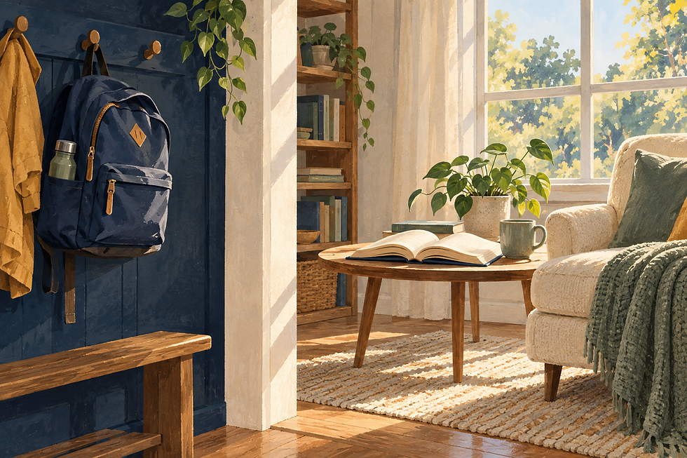 Editorial illustration of a school backpack beside a home reading nook