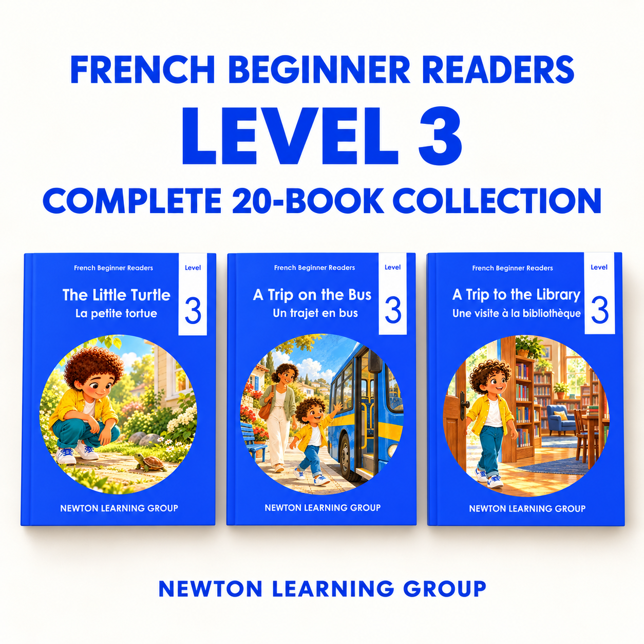 Complete French Beginner Readers Level 3, 20-book collection with three sample covers