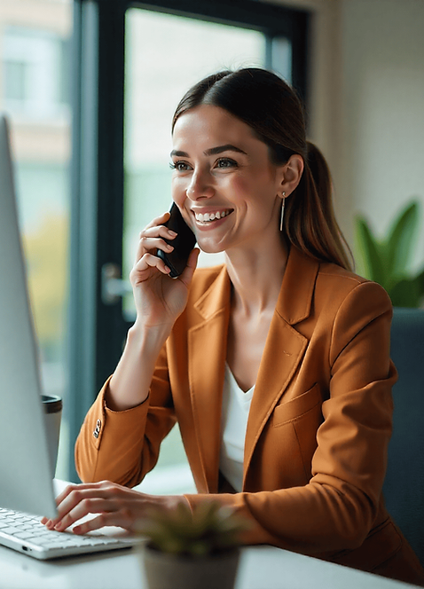 admin office support worker in brightly lit room with a big smile