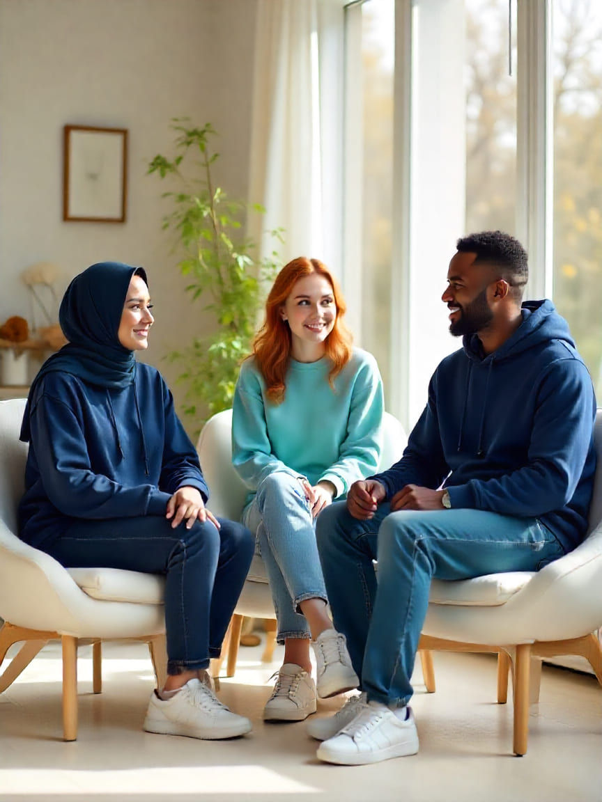 a group of three individuals in a bright modern property discussing emergency housing
