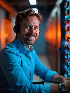 happy IT support worker with a headset on in a server room