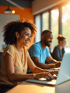 Group of diverse office workers using a laptop and full fibre internet