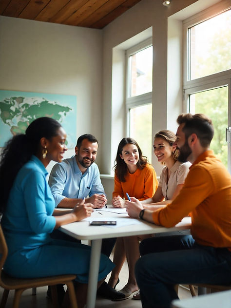 A group of diverse smart casual office employees sitting around a table discussing internet options