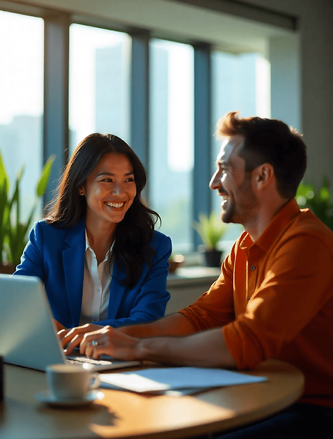 happy office workers discussing a leased line in an office with large windows