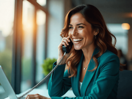 Happy office worker using a VoIP Telephone