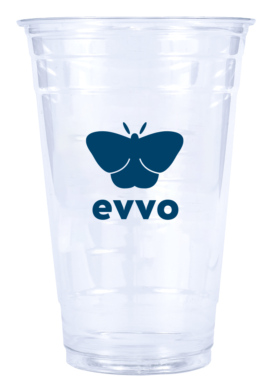 Clear plastic cup with EVVO logo