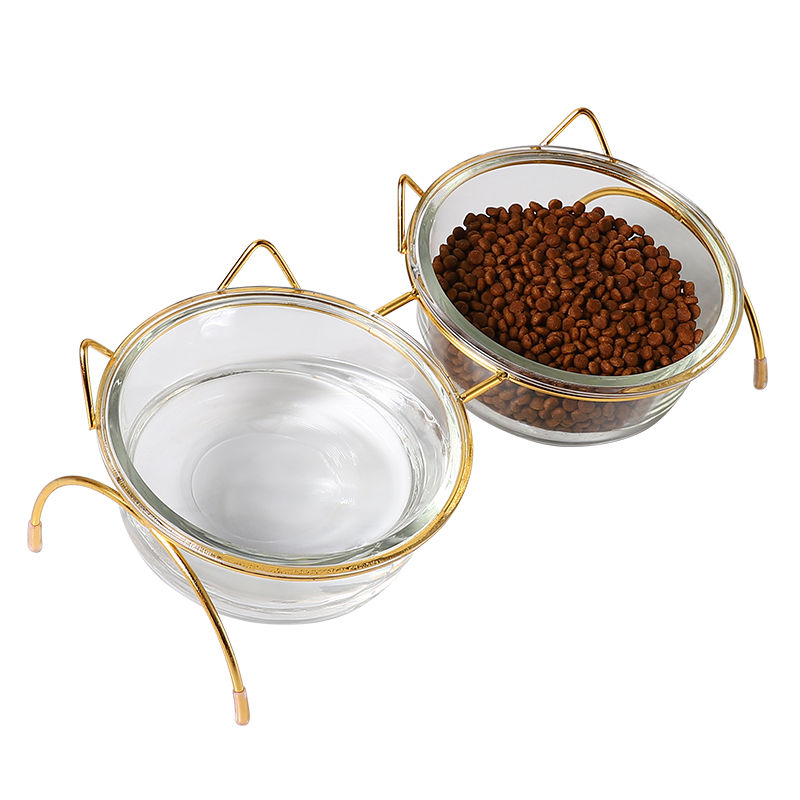 Cat and Dog Glass Bowls with Iron Stand