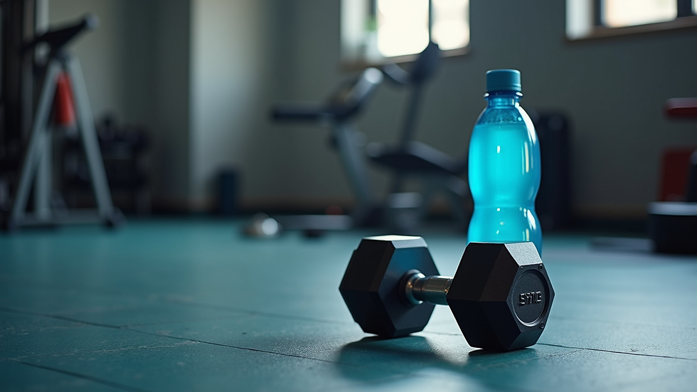 Close-up view of dumbbells and a water bottle on a gym floor