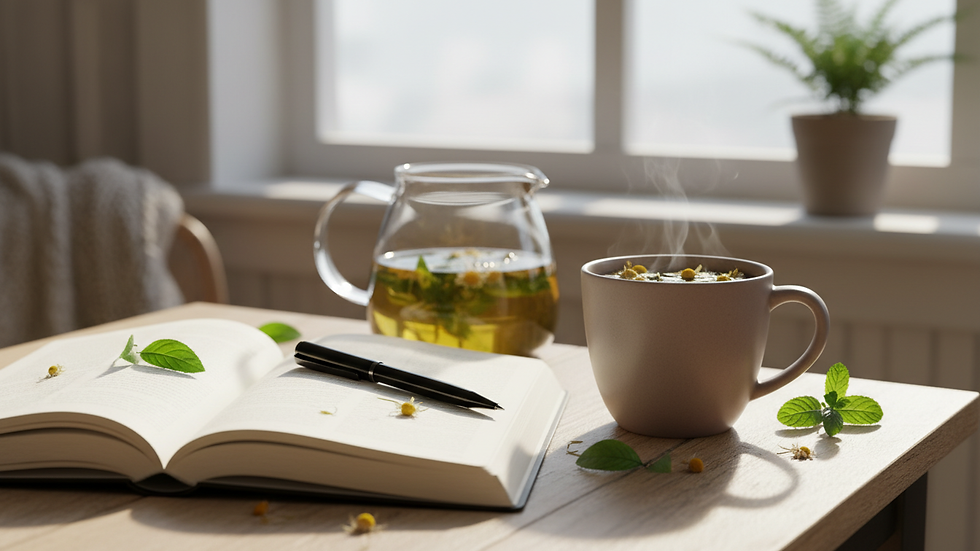 Close-up view of a journal, pen, and a cup of herbal tea on a wooden table