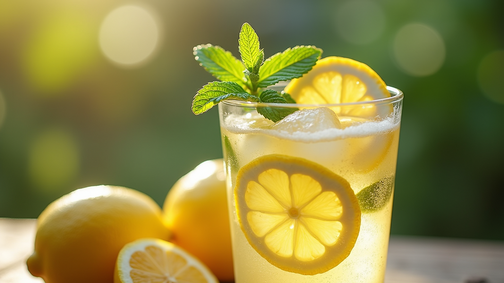 Close-up of a refreshing summer drink with lemon and mint