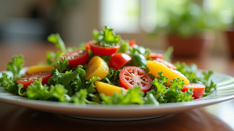 Close-up view of a healthy summer salad with vibrant vegetables