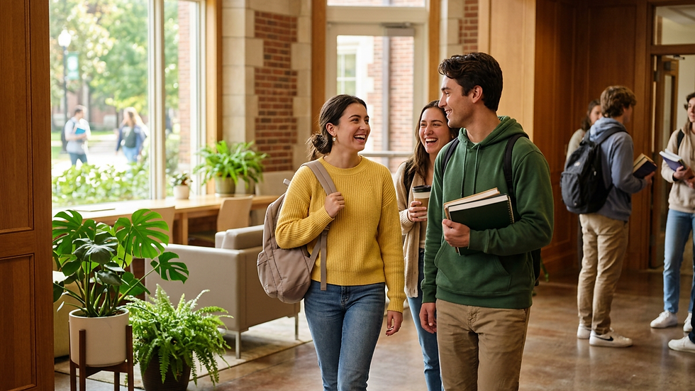 Close-up view of a university campus building with students walking