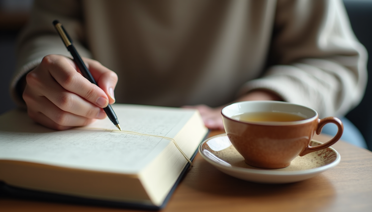 Close-up of a person writing in a journal with a cup of herbal tea nearby