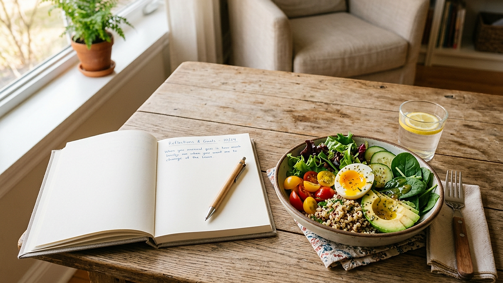 High angle view of a journal and healthy meal on a wooden table