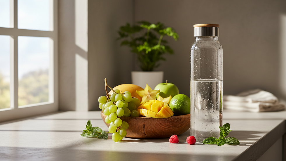 Close-up view of a water bottle and fresh fruits on a kitchen counter