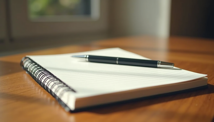 Close-up view of a journal and pen on a wooden table with soft natural light