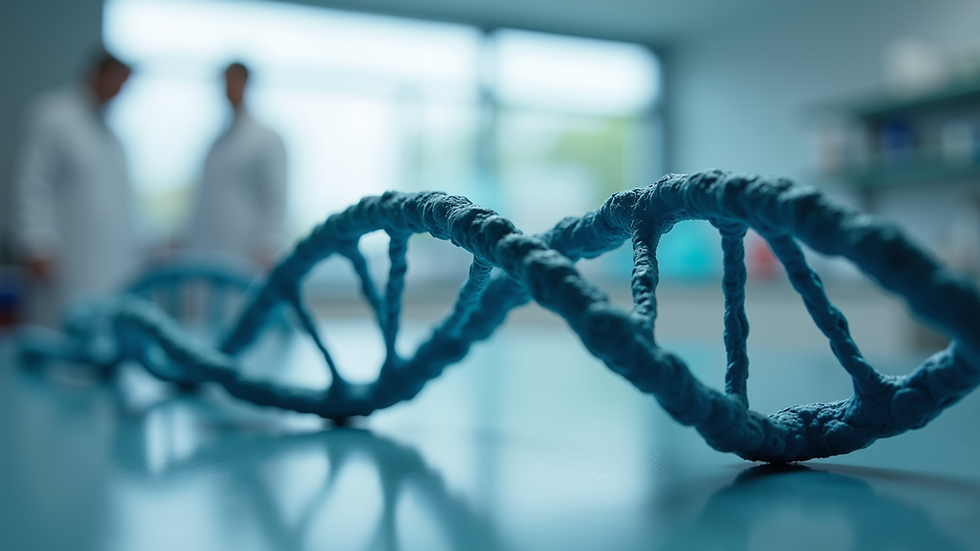 Close-up view of a DNA strand model on a lab table