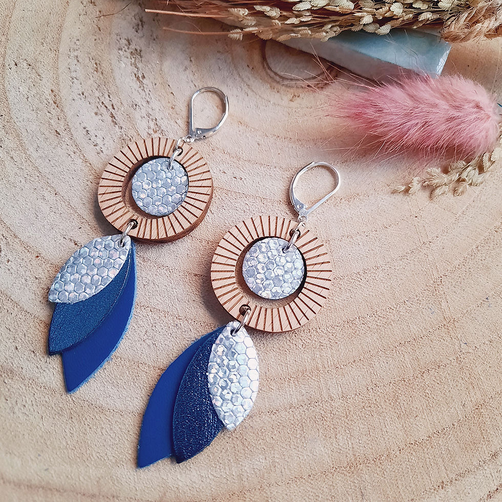 Miniature : Détail des boucles bois hêtre Solaris avec cuir upcyclé bleu Klein et finition argentée.