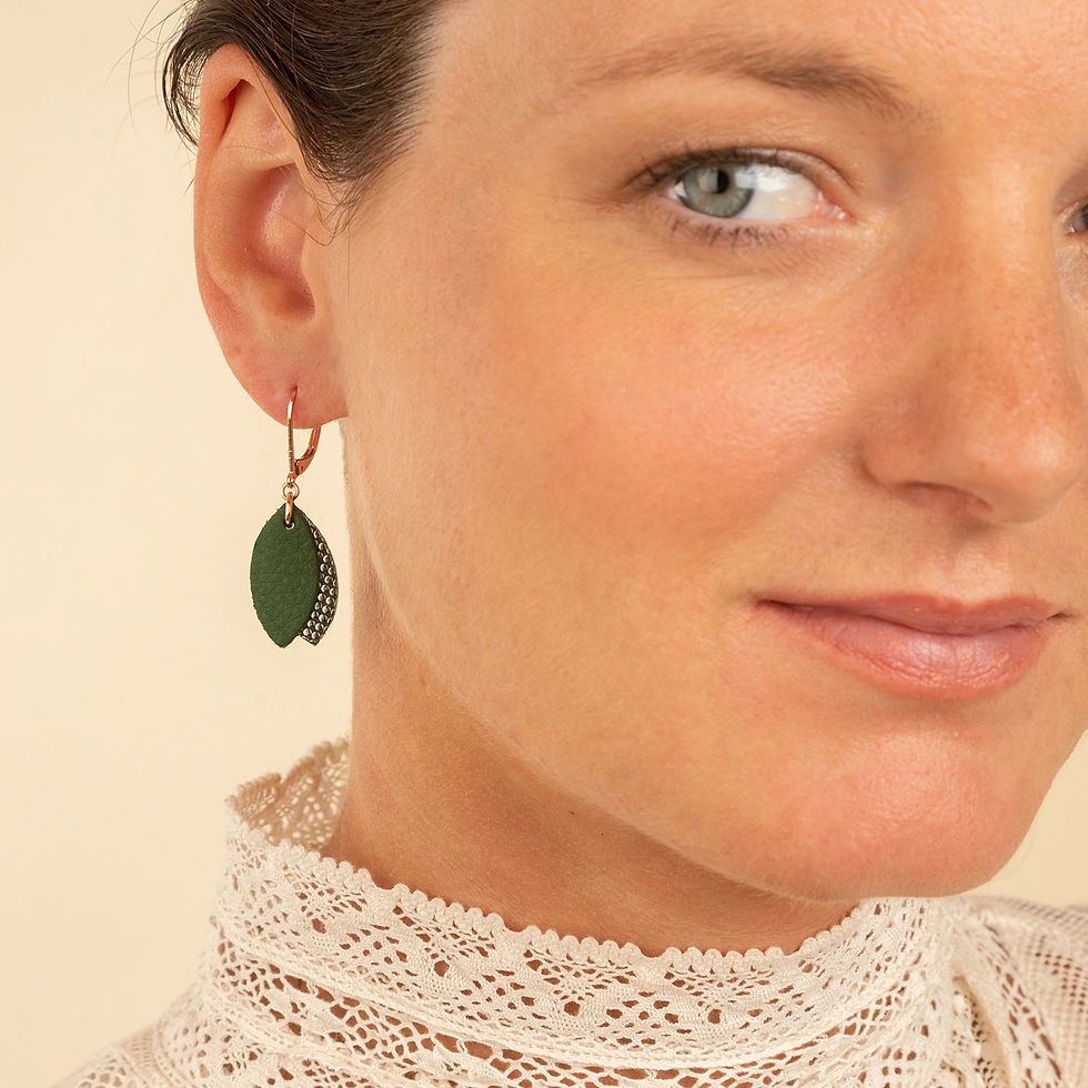 Miniature : Boucles d’oreilles pendantes en cuir vert de gris, modèle Loulous, monté sur des dormeuses dorées.