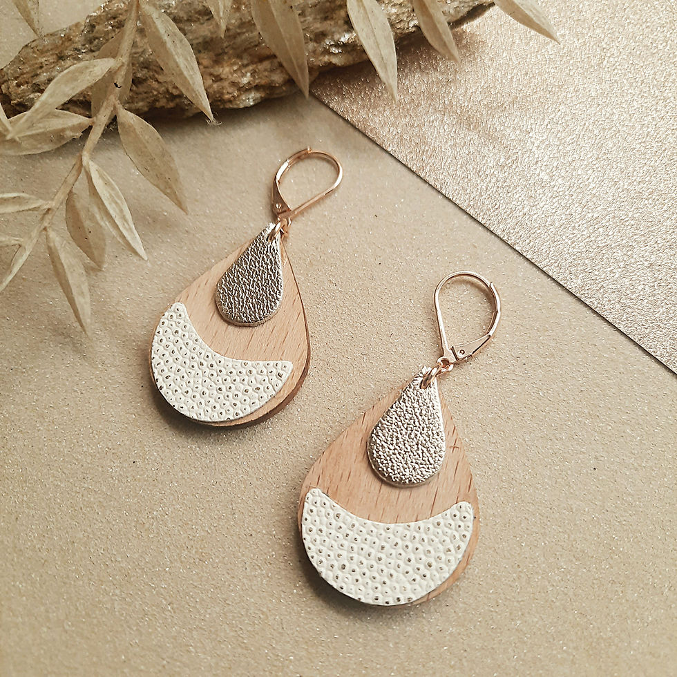 Miniature : Boucles d’oreilles graphiques ivoire et doré rose
