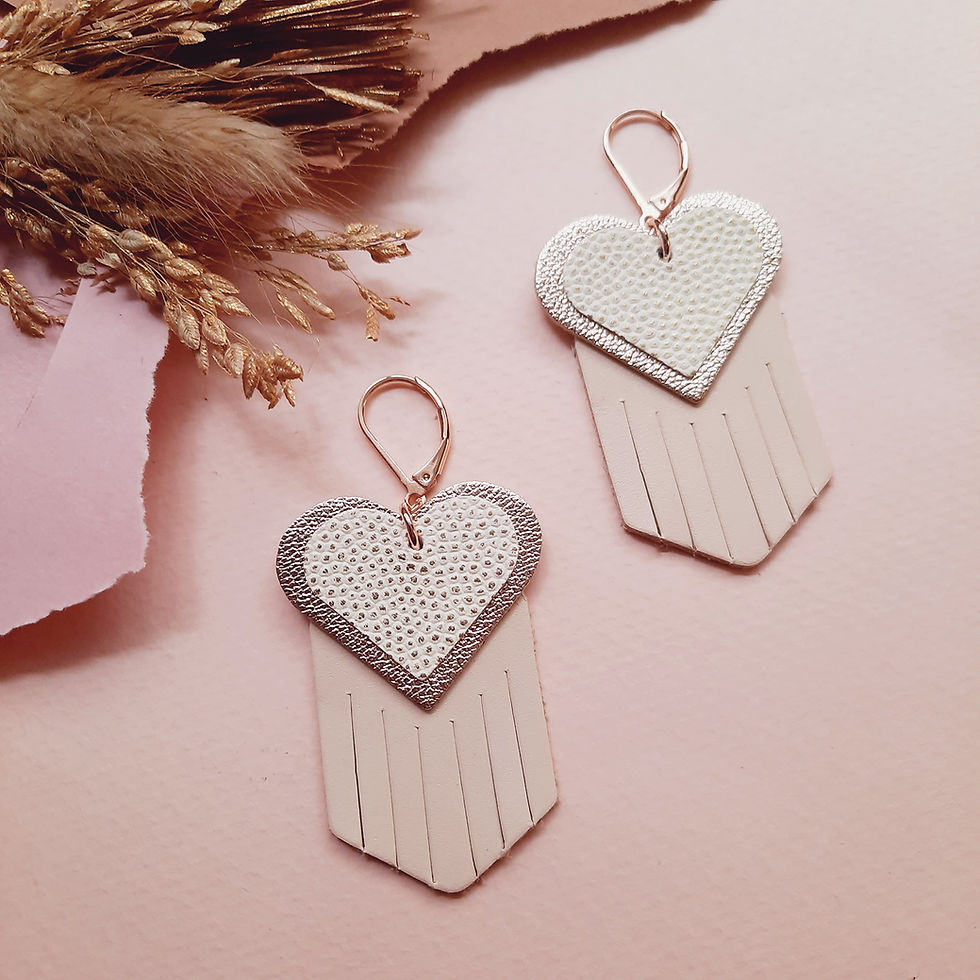 Boucles d’oreilles cœur ivoire en cuir, design graphique inspiré des ex-voto.