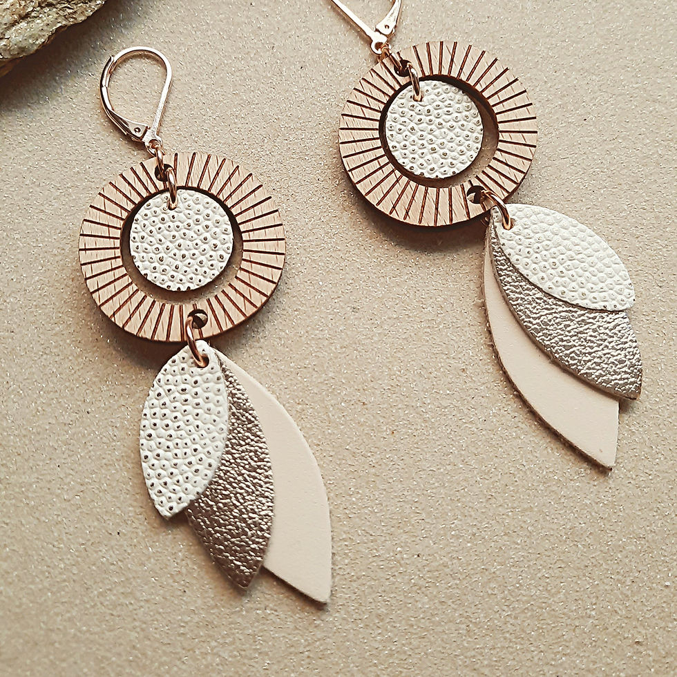 Détail boucles Solaris ivoire – anneau bois gravé et pampilles cuir texturé