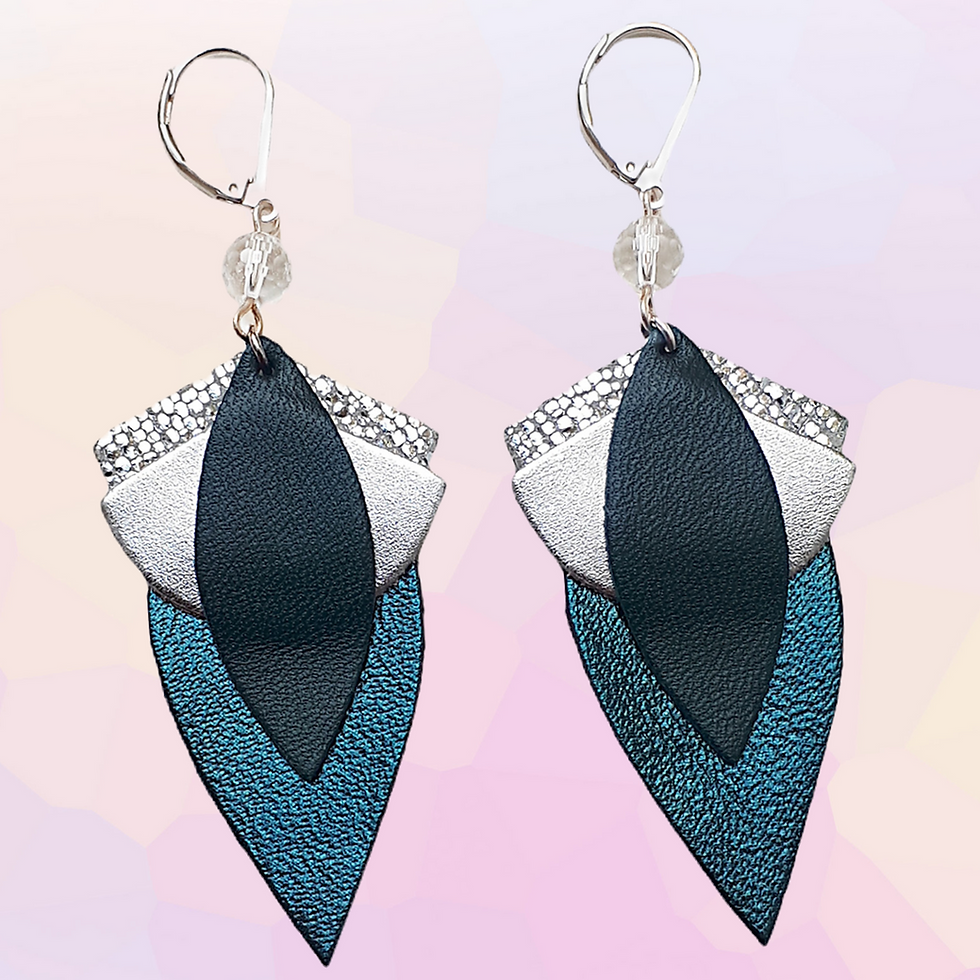 Boucles longues légères fermées par des dormeuses. Bijou coloré, bleu pétrole et argenté.