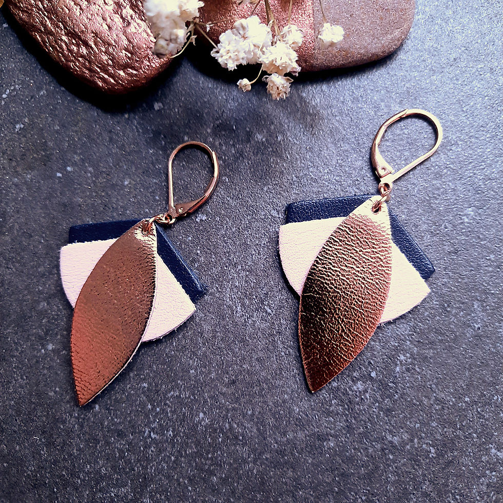Miniature : Boucles d'oreilles féminines avec un trio de cuir violet, cassis et or rose. Fermoir dormeuse. Boucles légères avec fleurs.