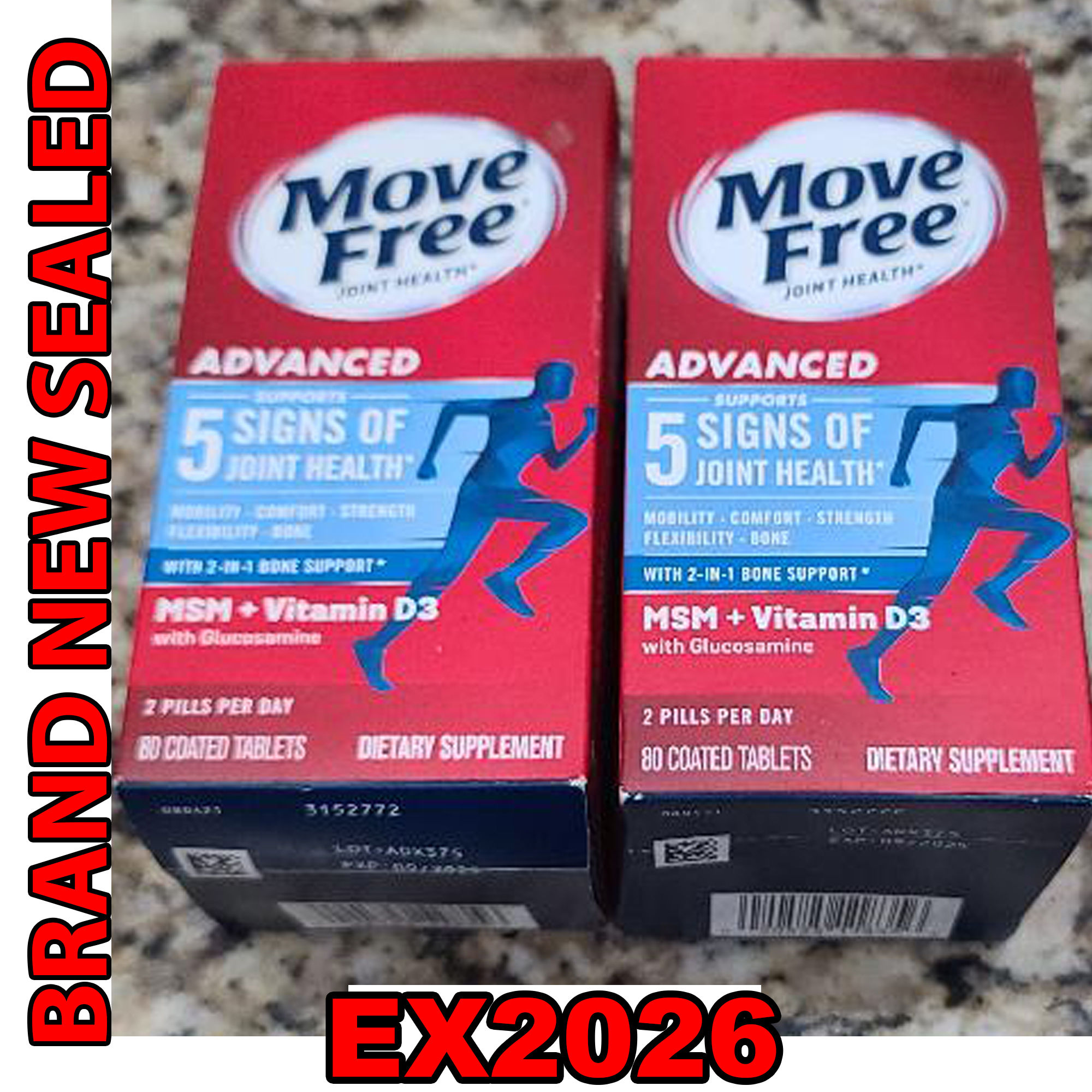 Schiff MOVE FREE Advanced 5 signs of Joint Health MSM+VITAMIN D3 80ct 2PKS EX26