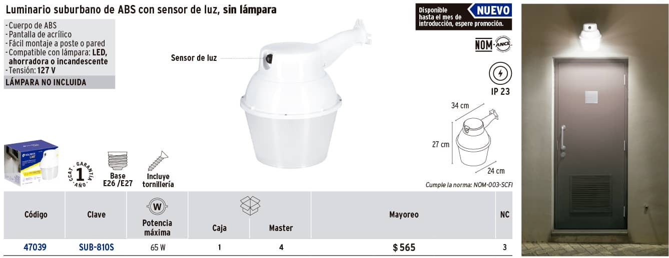 LUMINARIO SUBURBANO ADE POLICARBONATO CON SENSOR DE LUZ