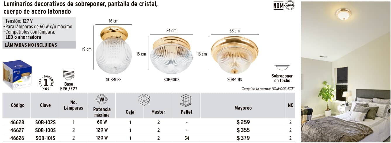 LUMINARIOS DECORATIVOS DE SOBREPONER PANTALLA DE CRISTAL CUERPO DE LATON LAMINAD