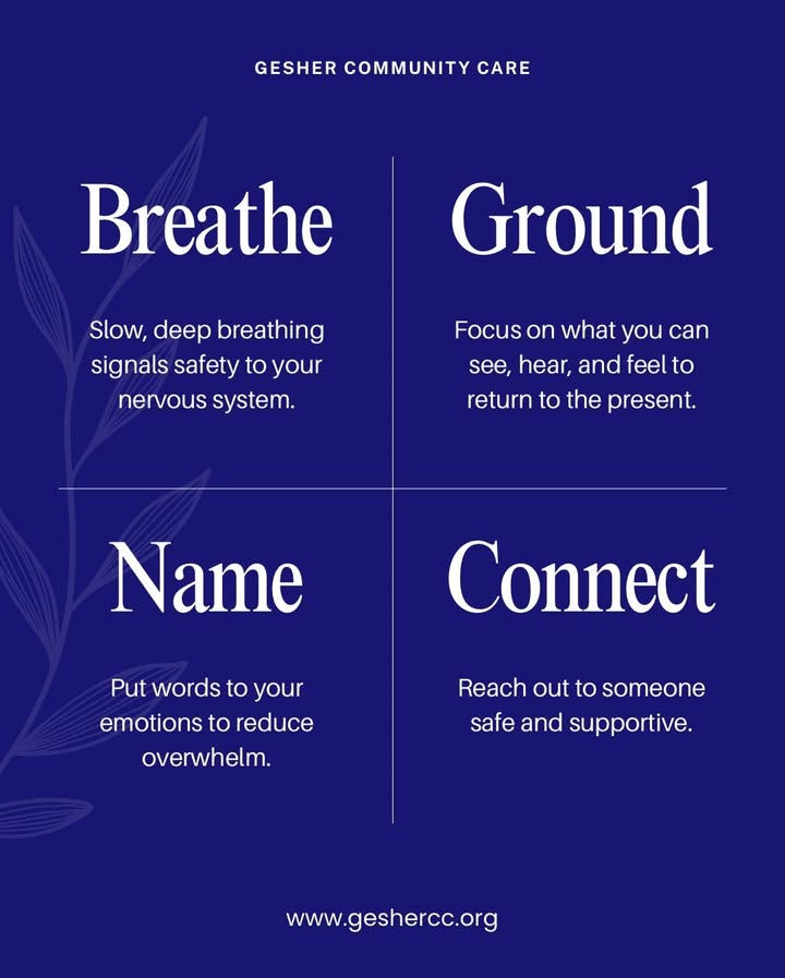 Breathe: Slow, deep breathing signals safety to your nervous system.
Ground: Focus on what you can see, hear, and feel to return to the present.
Name: Put words to your emotions to reduce overwhelm.
Connect: Reach out to someone safe and supportive.
