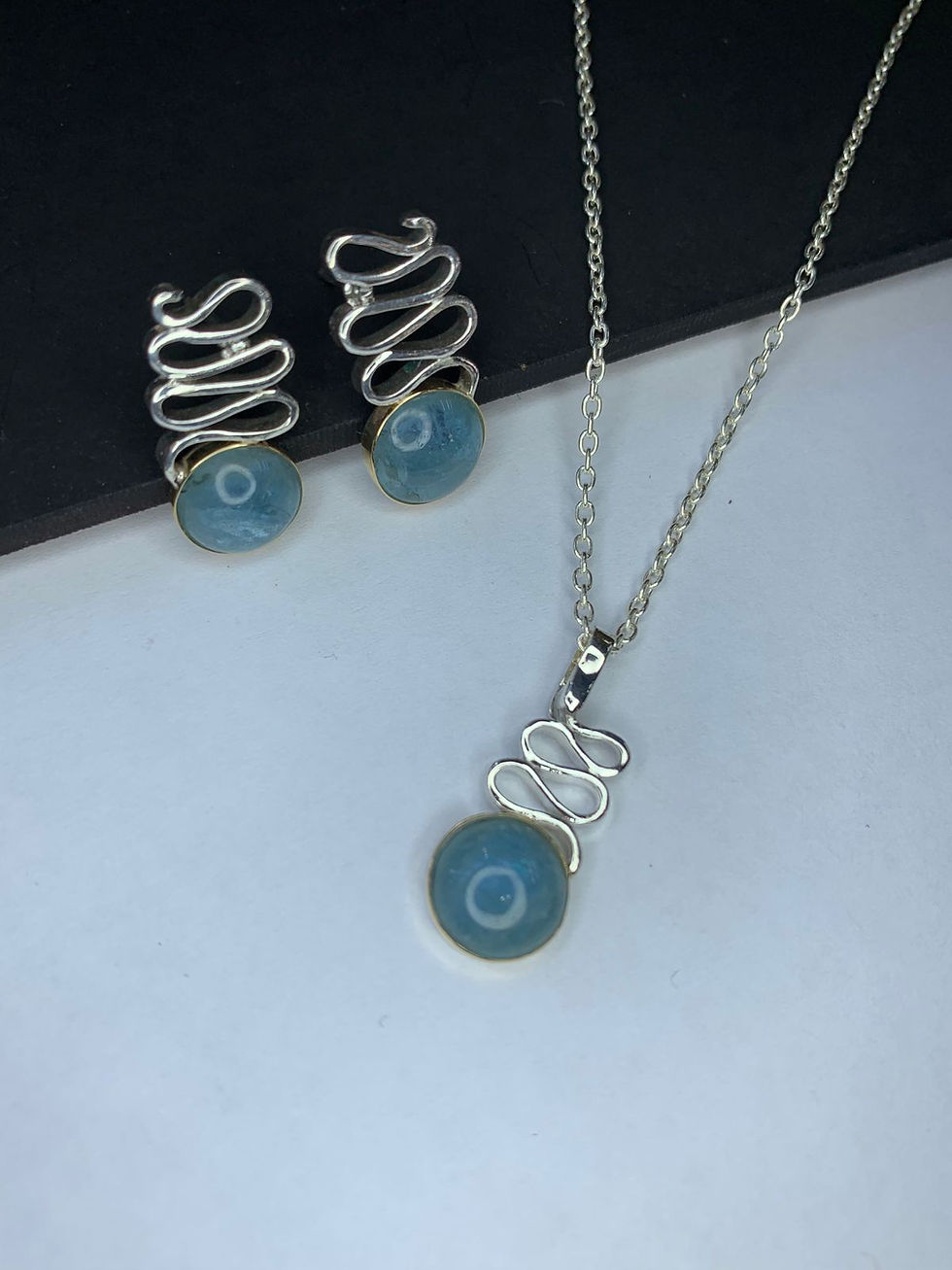 Miniatura: Conjunto em Prata com Ouro e Água Marinha