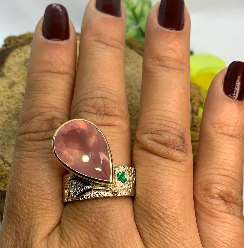 Miniatura: Anel em prata com ouro e Quartzo Rosa Esmeralda