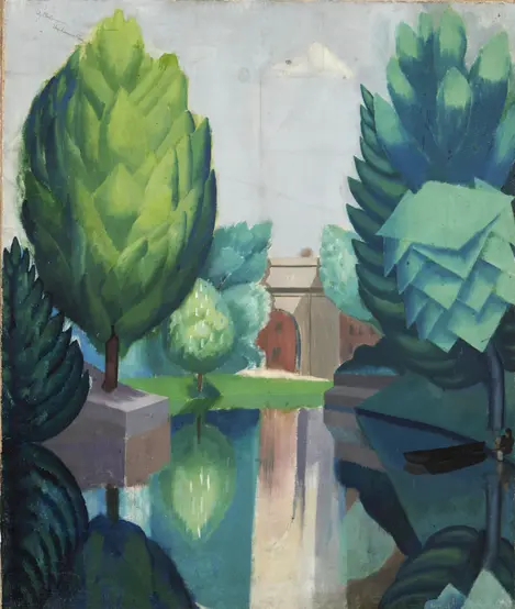 a painting of a bridge surrounded by trees and water