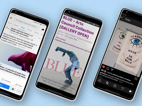 three cell phones are displaying information about the blue arts council collection