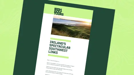 an advertisement for irish golf tours shows a picture of ireland 's spectacular southwest links