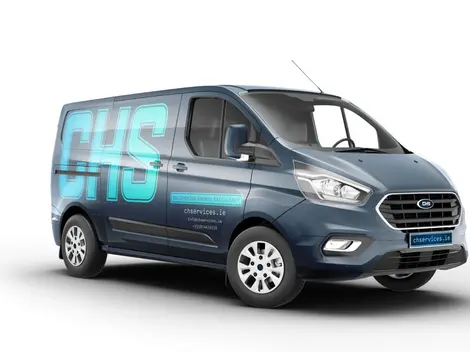 a blue van with the word chs on the side
