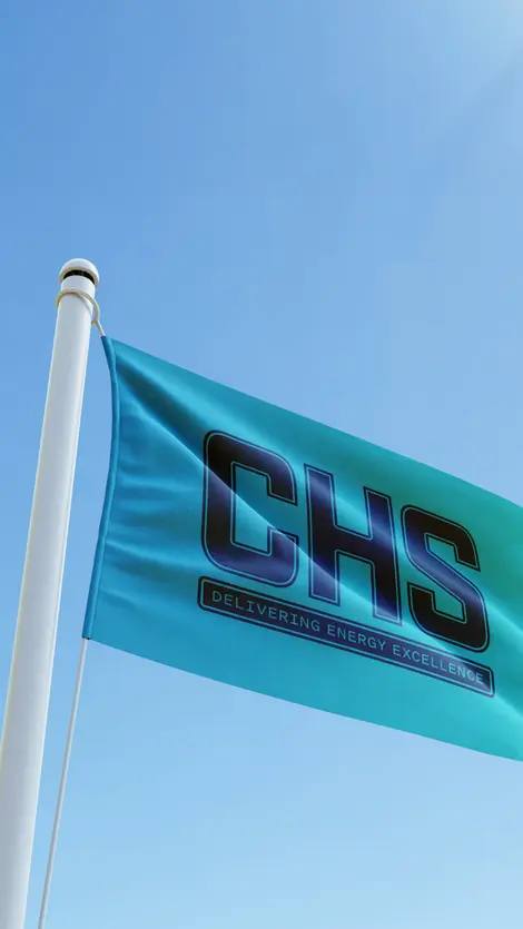 a blue chs flag is flying in the wind