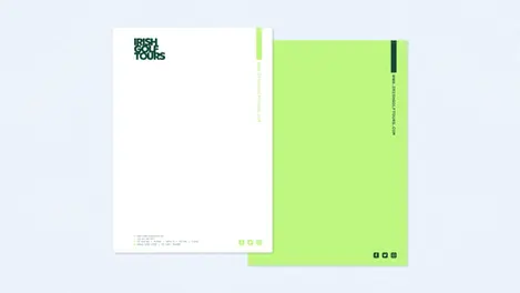 a green and white letterhead for irish golf tours