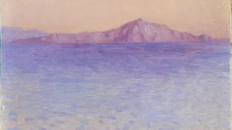 a painting of a body of water with a mountain in the background