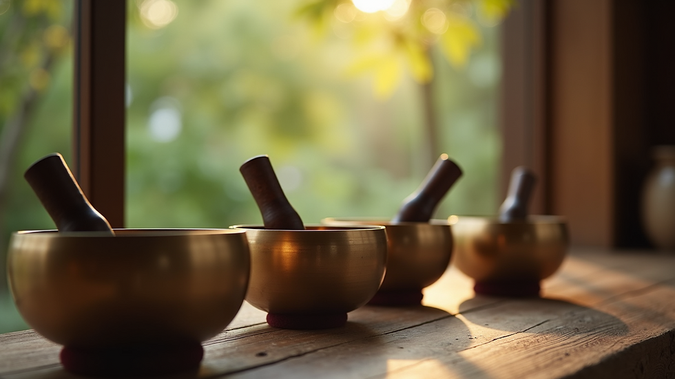 Close-up view of Tibetan singing bowls arranged in a tranquil setting