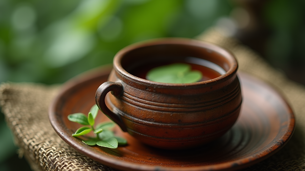 Close-up view of a traditional Ayahuasca cup with herbal brew