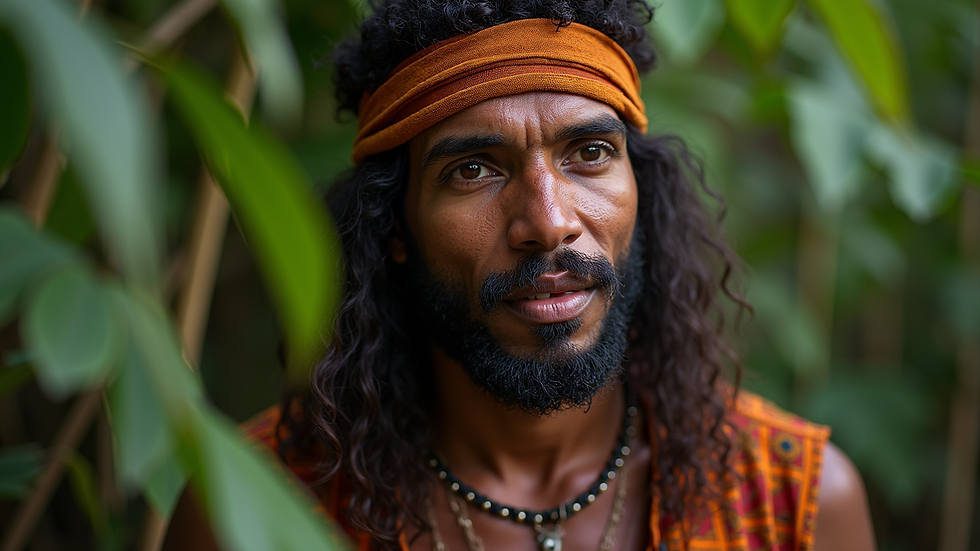 Nahaufnahme eines Schamanen, der während einer Ayahuasca-Zeremonie singt